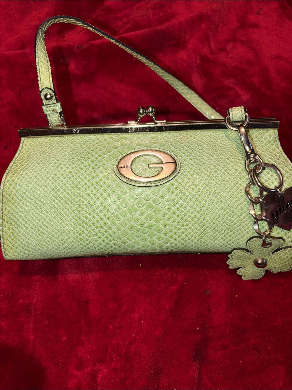 Guess Light Green Textured Kiss-Lock Clutch with Charm